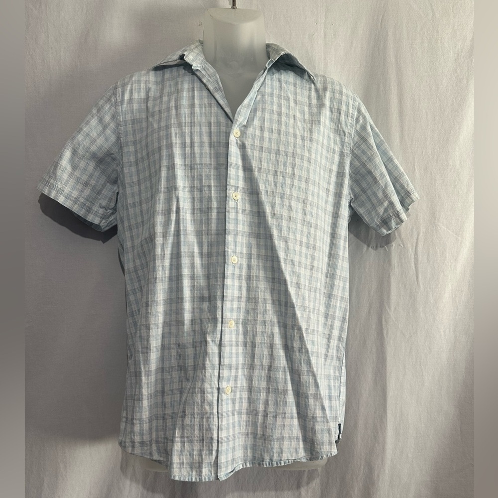 Calvin Klein Men’s Short Sleeve Button-Up – Light Blue Plaid – Small